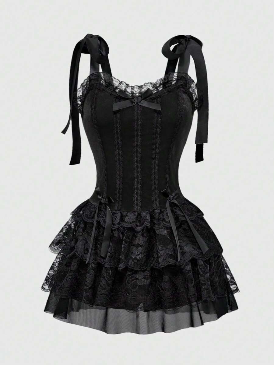 Gothic velvet halter mini dress with contrast lace trim, bow detail, lace-up accents, arm sleeves, layered hem, and cross pendant.