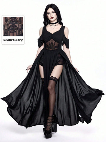 Black Gothic maxi dress for women featuring cold shoulder straps, contrast lace hollow pattern, and a high thigh slit.