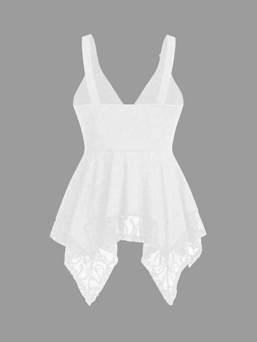 Olithes women contrast lace decorated heart shaped and floral splicing Y2K tank top featuring wide straps and asymmetrical hem.