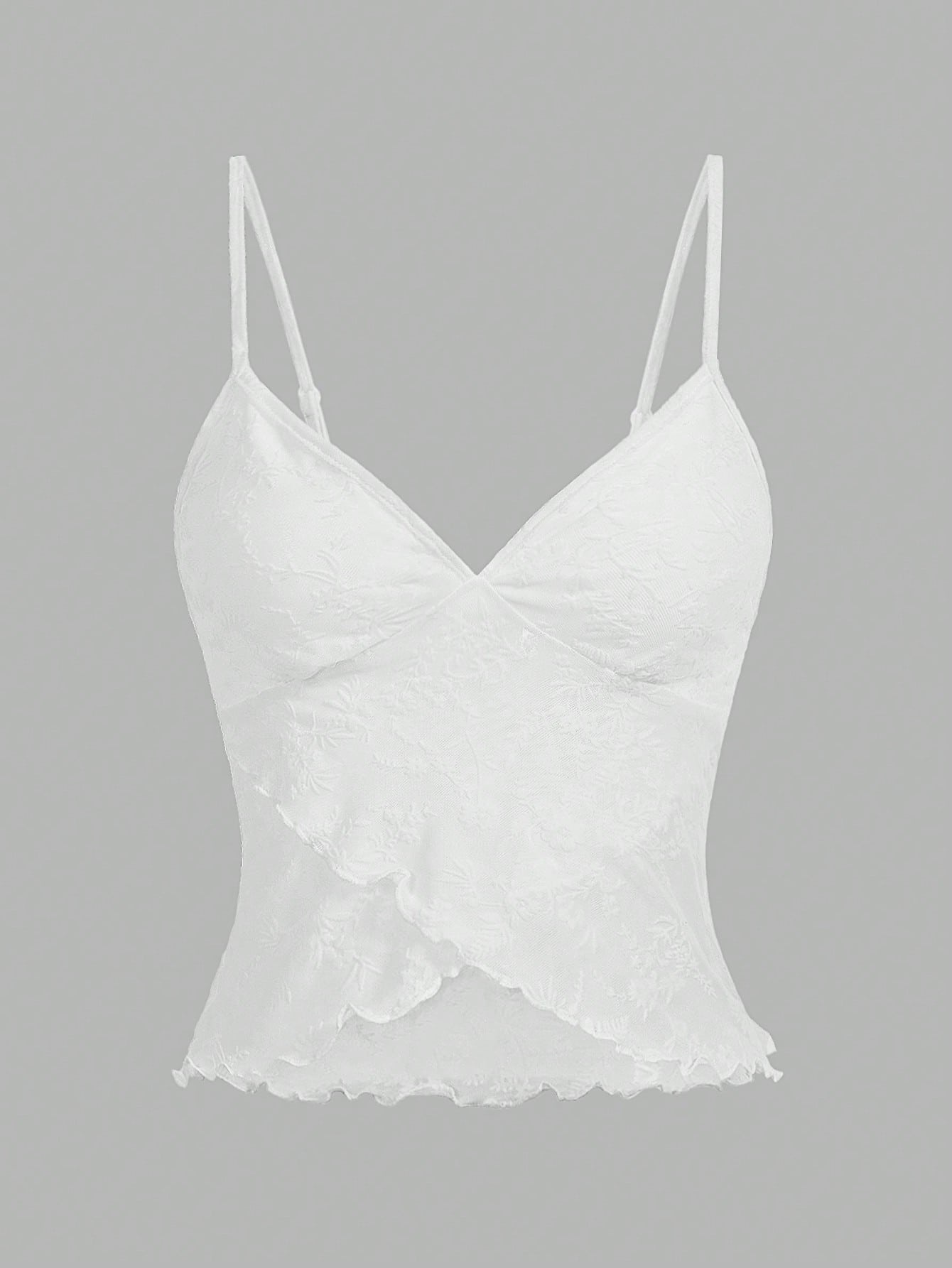 Women's cropped floral flocked camisole with spaghetti straps, backless styling, lettuce trim, asymmetrical hem, and slim fit