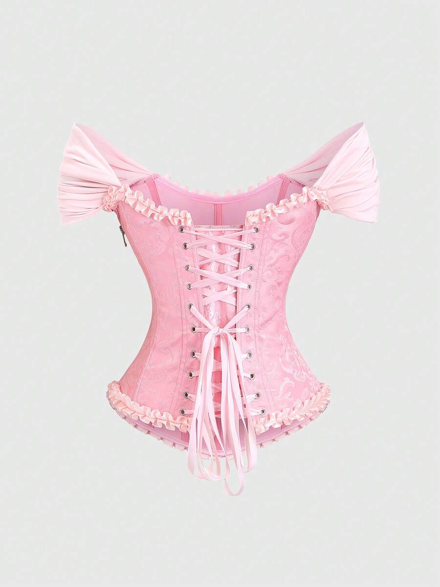 Women's elegant off-the-shoulder sleeveless camisole top featuring frill trim, lace-up front, and asymmetrical hem design.