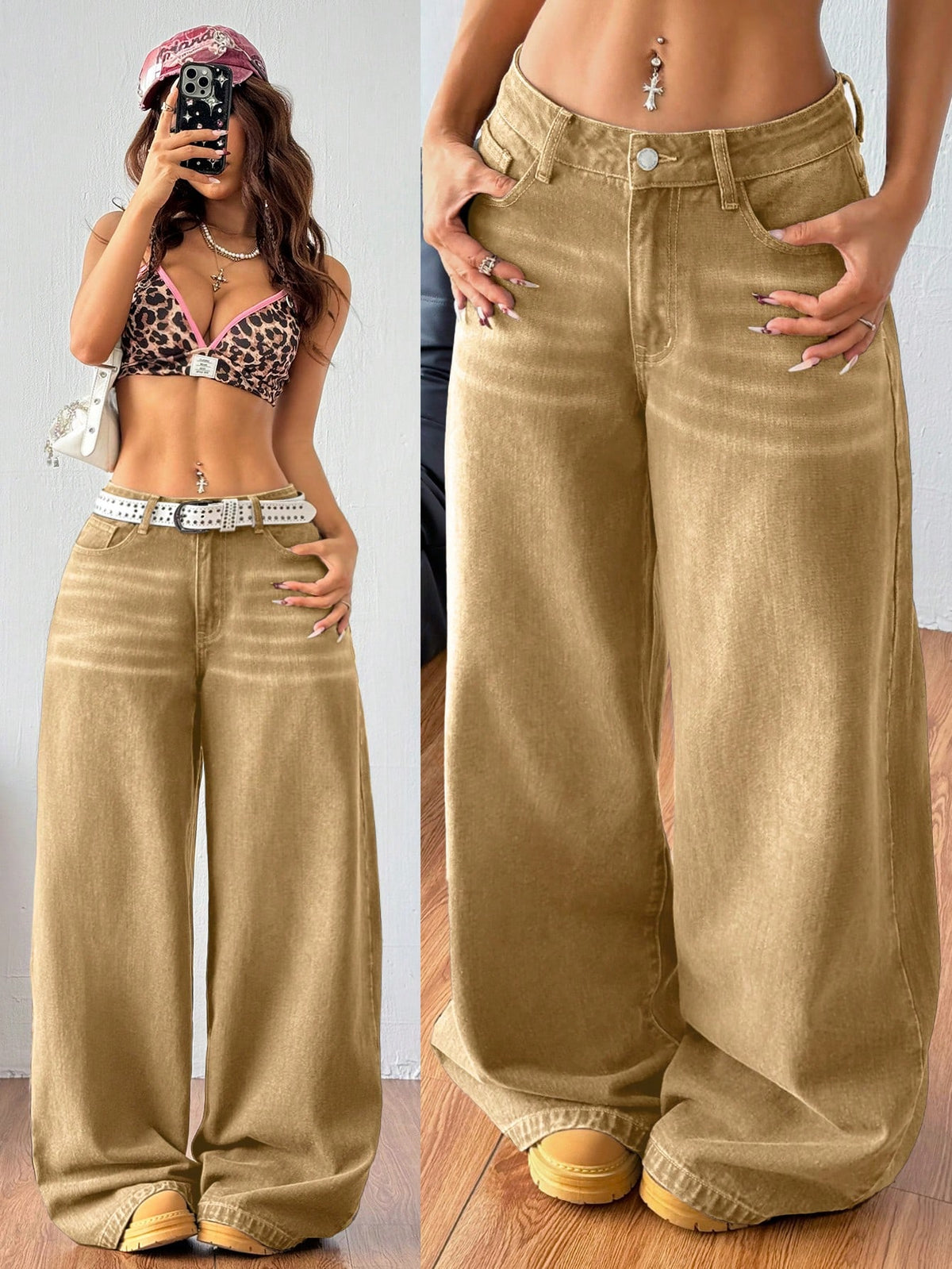 Women's casual loose fit wide leg denim jeans with functional pockets and low waist design.
