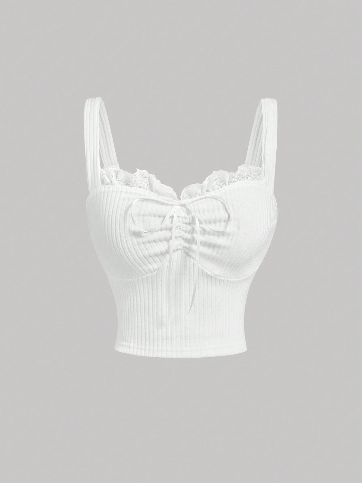 Black crop camisole top for women featuring shoulder straps, cold shoulder sleeves, drawstring detail, and frill trim on plain knitted fabric.