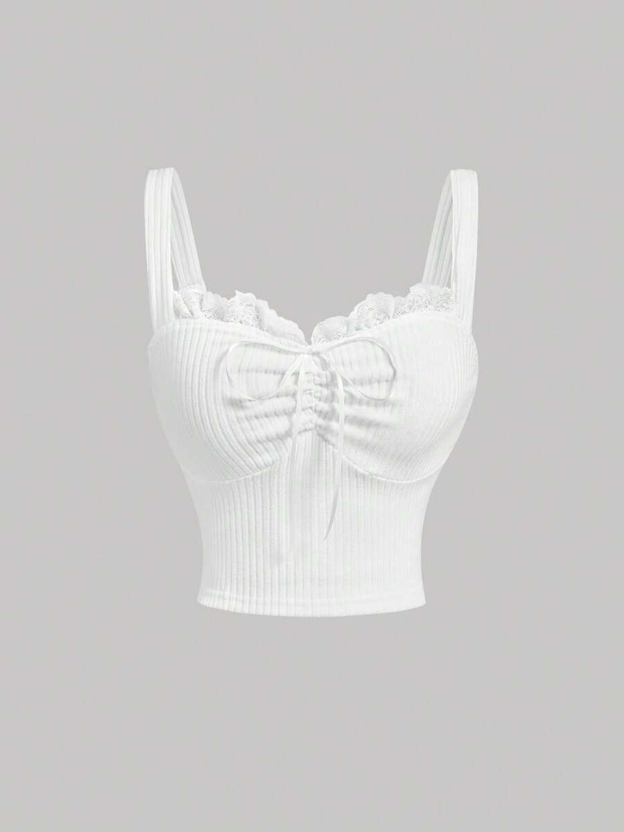 Black crop camisole top for women featuring shoulder straps, cold shoulder sleeves, drawstring detail, and frill trim on plain knitted fabric.