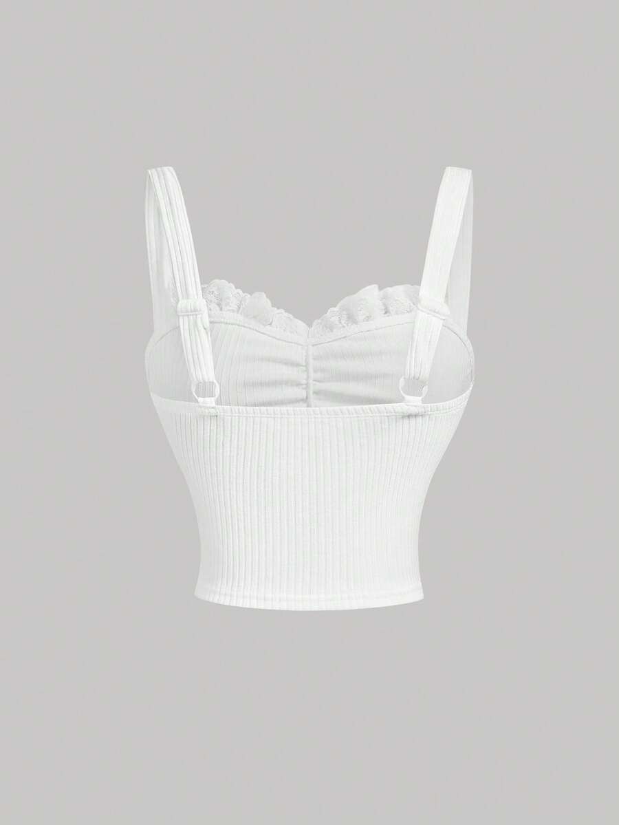Black crop camisole top for women featuring shoulder straps, cold shoulder sleeves, drawstring detail, and frill trim on plain knitted fabric.