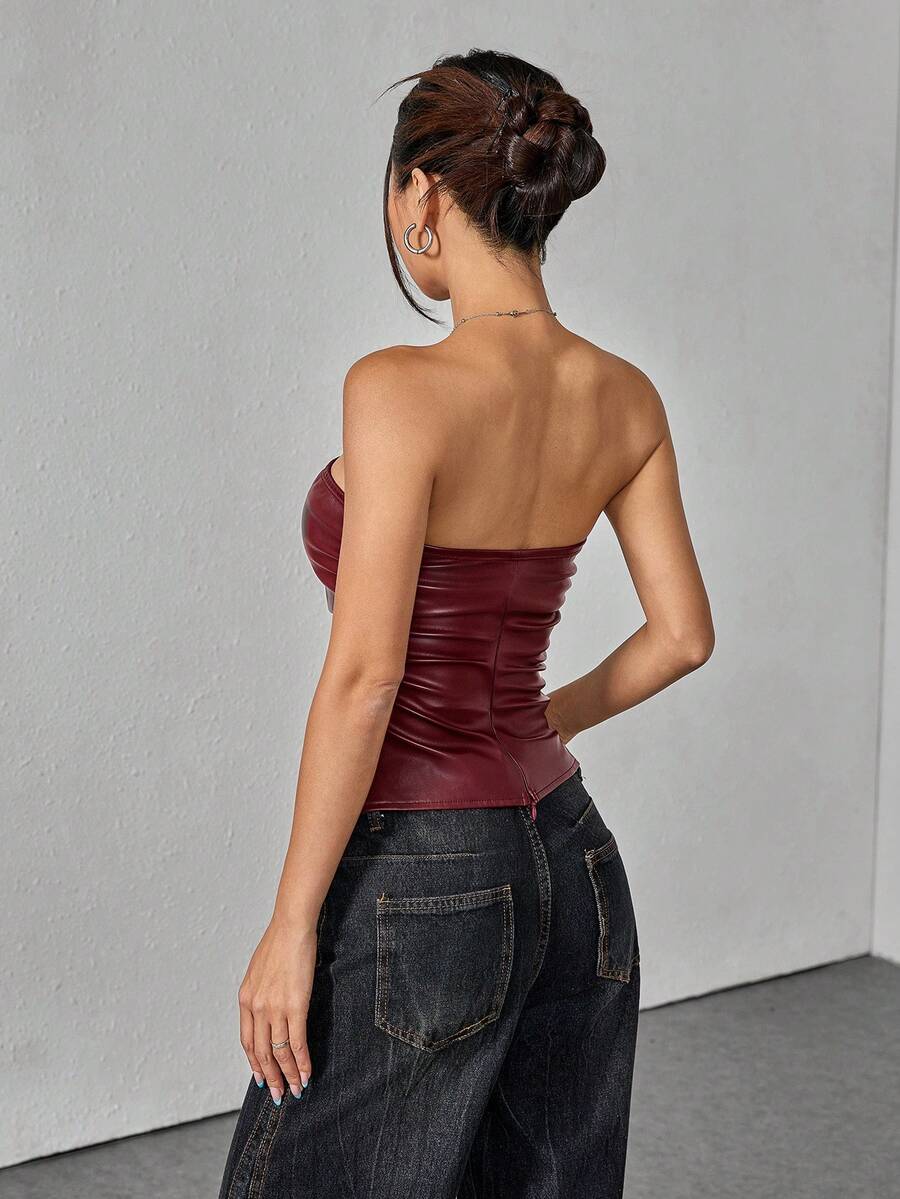 Petite women's burgundy PU leather strapless crop tube top featuring ruched details.