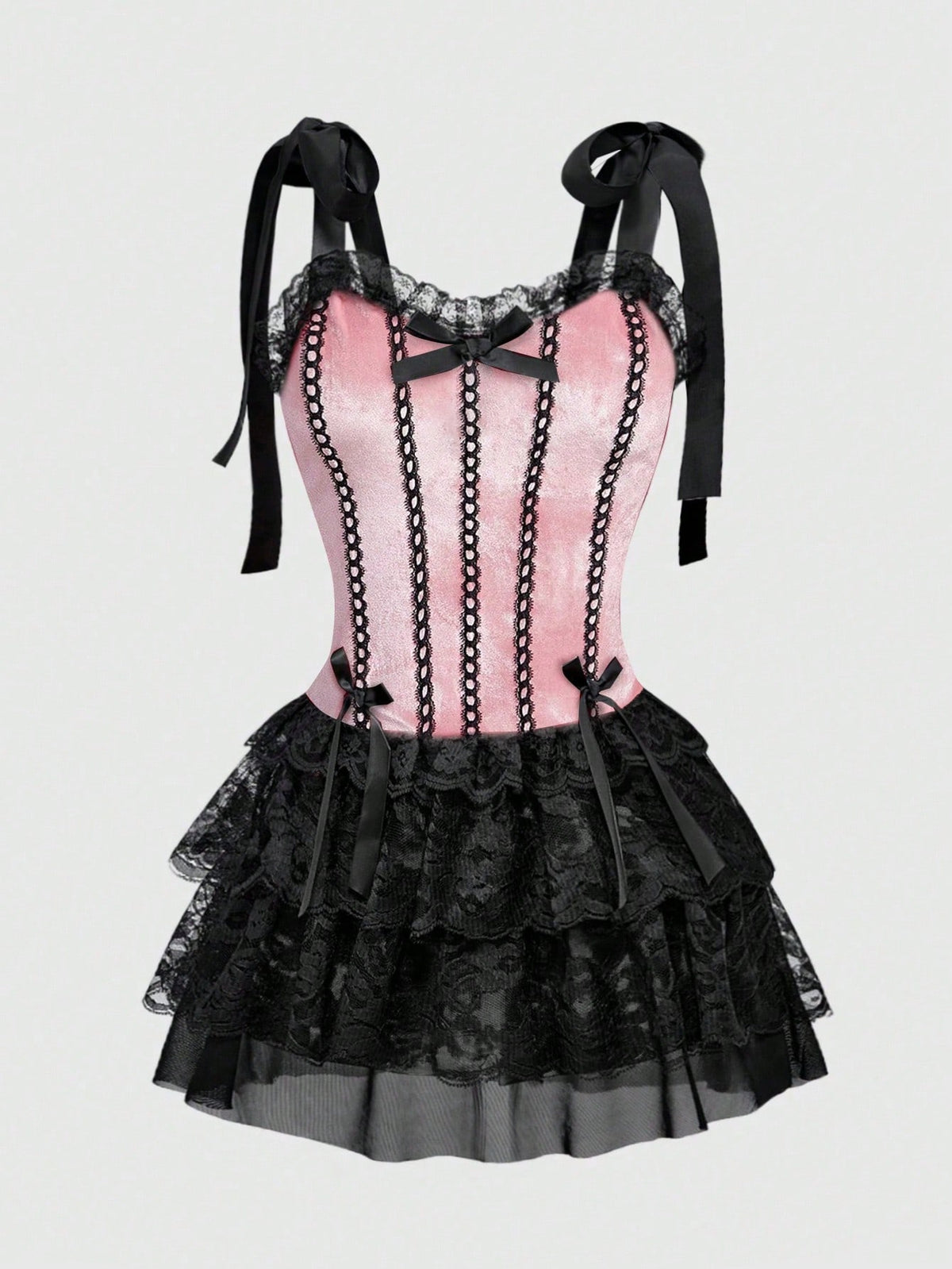 Gothic velvet halter mini dress with contrast lace trim, bow detail, lace-up accents, arm sleeves, layered hem, and cross pendant.