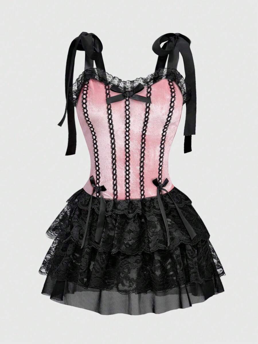 Gothic velvet halter mini dress with contrast lace trim, bow detail, lace-up accents, arm sleeves, layered hem, and cross pendant.