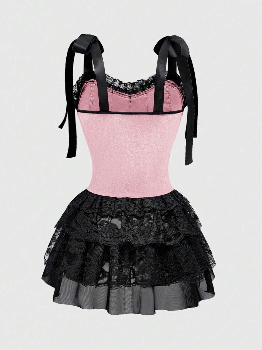 Gothic velvet halter mini dress with contrast lace trim, bow detail, lace-up accents, arm sleeves, layered hem, and cross pendant.