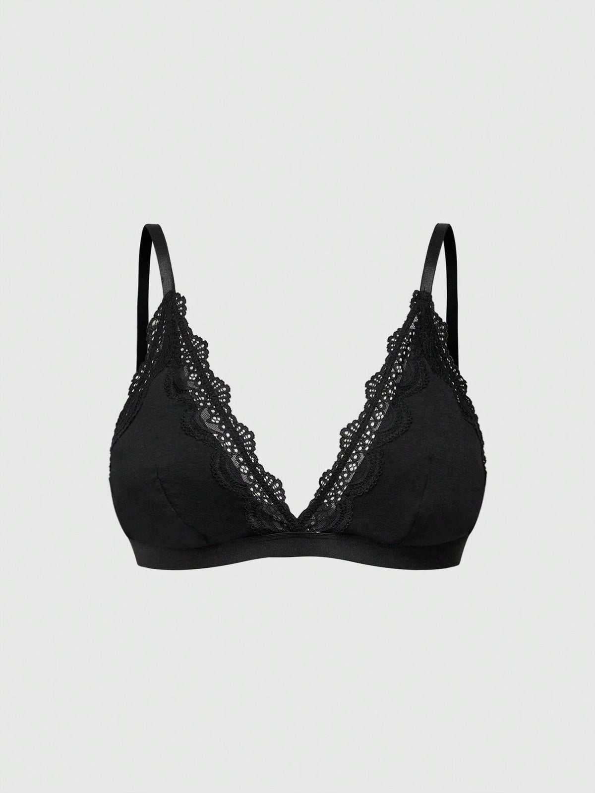Women's deep V wireless bra with contrast scallop lace patchwork and adjustable straps in soft cotton knit fabric.