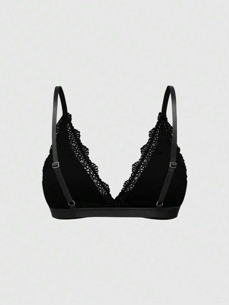 Women's deep V wireless bra with contrast scallop lace patchwork and adjustable straps in soft cotton knit fabric.