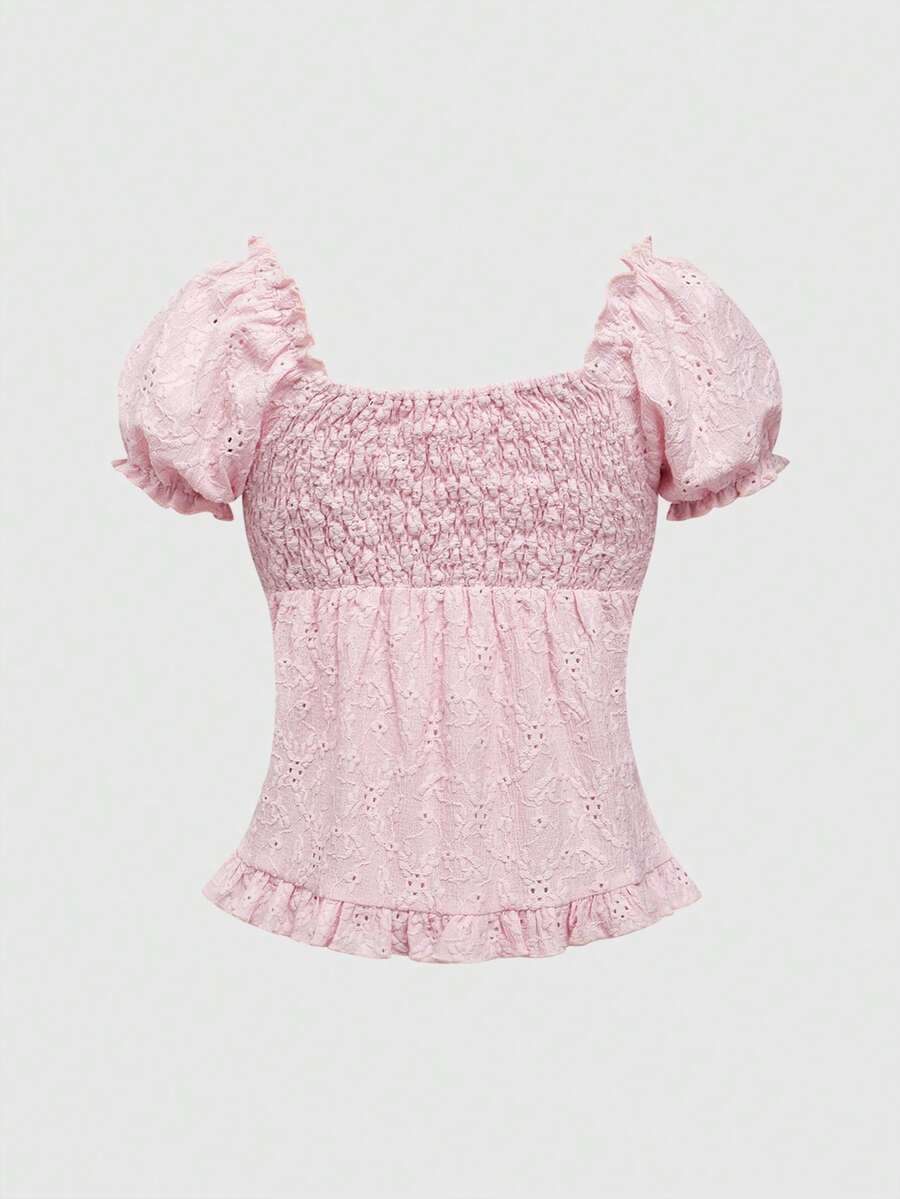 Women's slim fit short sleeve blouse featuring a square neckline, puff sleeves, lace-up front detail, and a frill ruffle hem.