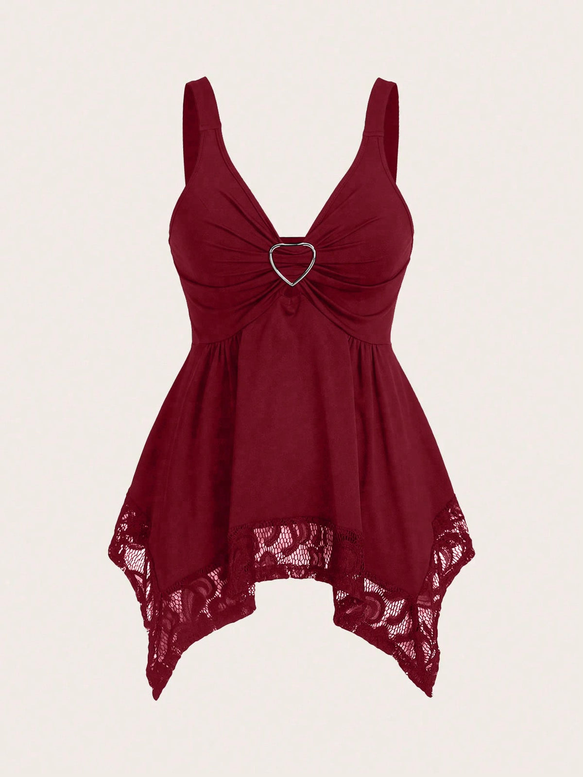 Olithes women contrast lace decorated heart shaped and floral splicing Y2K tank top featuring wide straps and asymmetrical hem.