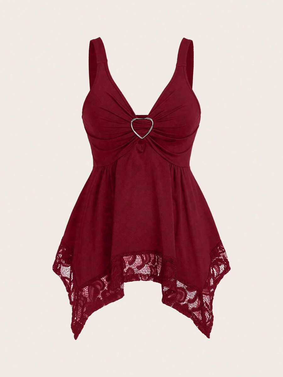 Olithes women contrast lace decorated heart shaped and floral splicing Y2K tank top featuring wide straps and asymmetrical hem.