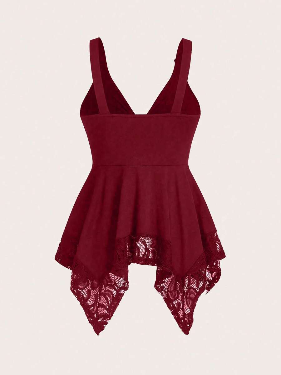 Olithes women contrast lace decorated heart shaped and floral splicing Y2K tank top featuring wide straps and asymmetrical hem.