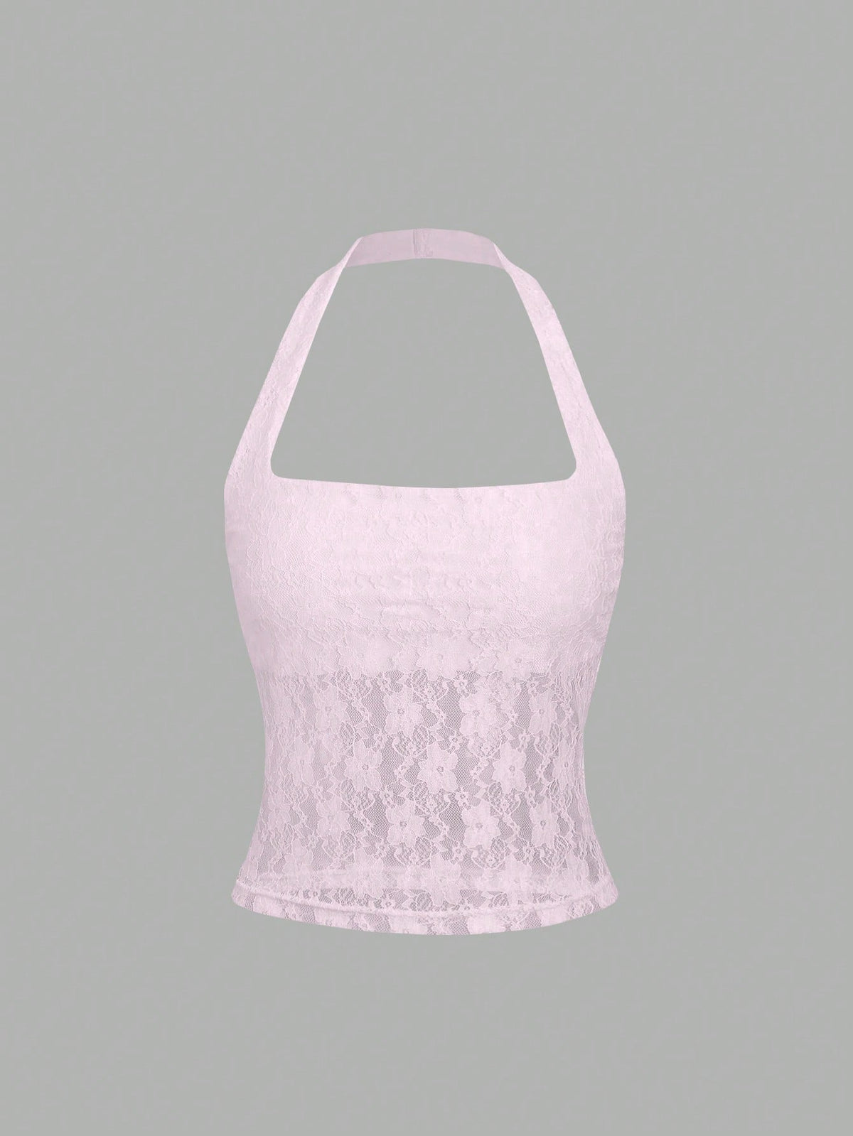 Women's solid lace halter top featuring a backless slim fit design with semi-sheer lace detail.