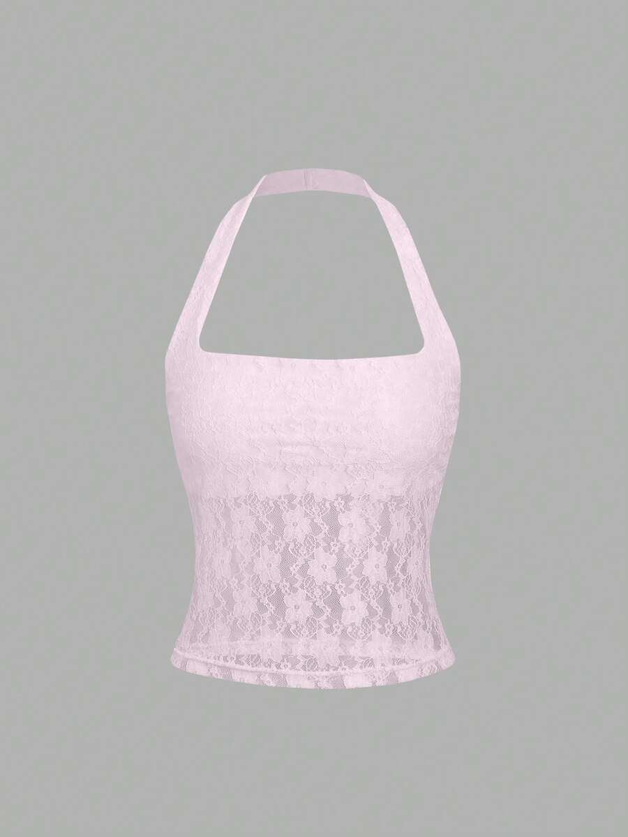 Women's solid lace halter top featuring a backless slim fit design with semi-sheer lace detail.