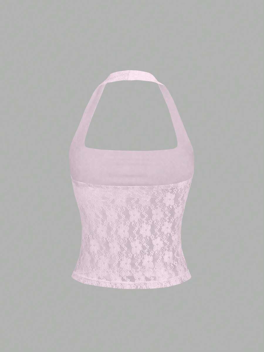 Women's solid lace halter top featuring a backless slim fit design with semi-sheer lace detail.