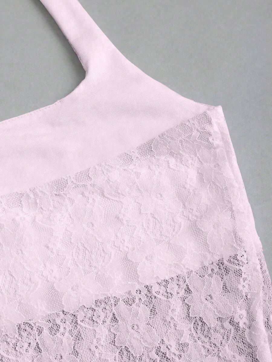 Women's solid lace halter top featuring a backless slim fit design with semi-sheer lace detail.