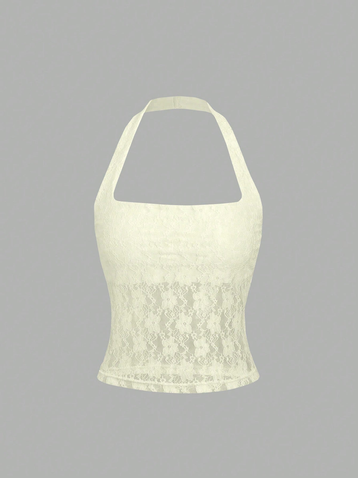Women's solid lace halter top featuring a backless slim fit design with semi-sheer lace detail.