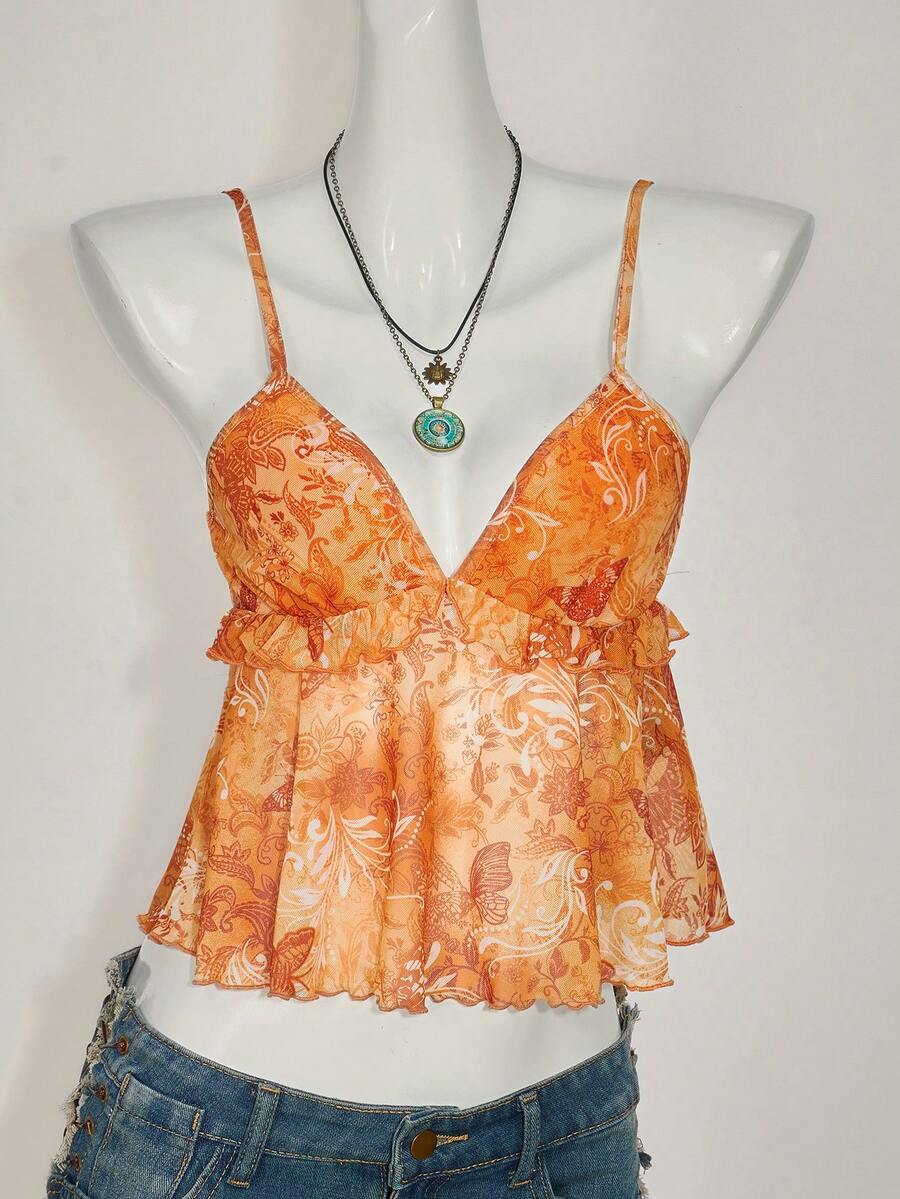 Floral multicolor mesh spaghetti strap cami tank top with backless design, ruffle hem, lettuce trim, and flared long loose fit.