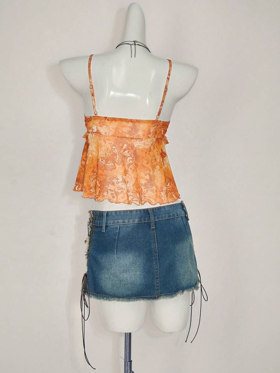 Floral multicolor mesh spaghetti strap cami tank top with backless design, ruffle hem, lettuce trim, and flared long loose fit.