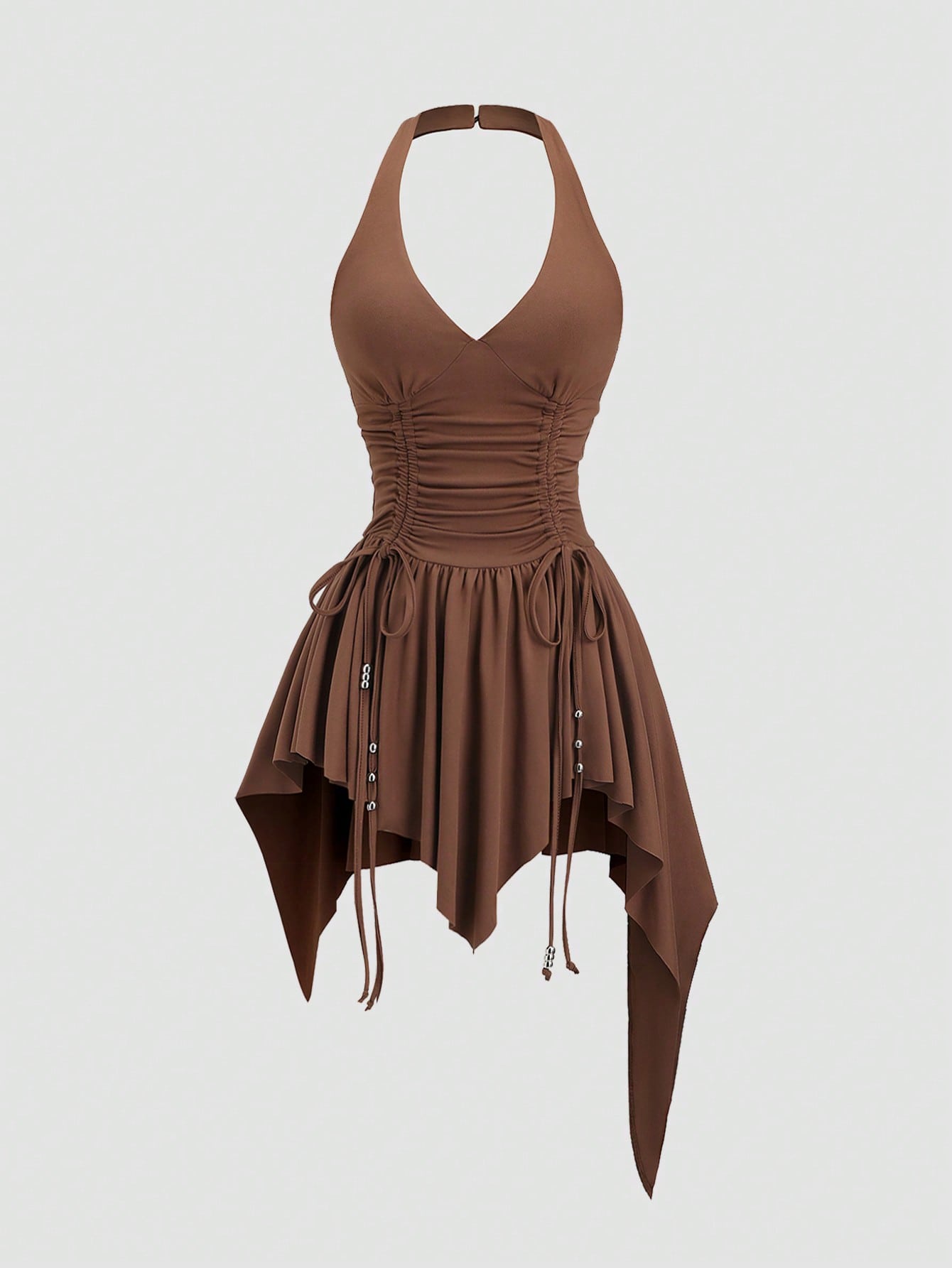 Women's sleeveless halter short dress with a backless design, ruched drawstring detail, slim fit, and asymmetrical hem.