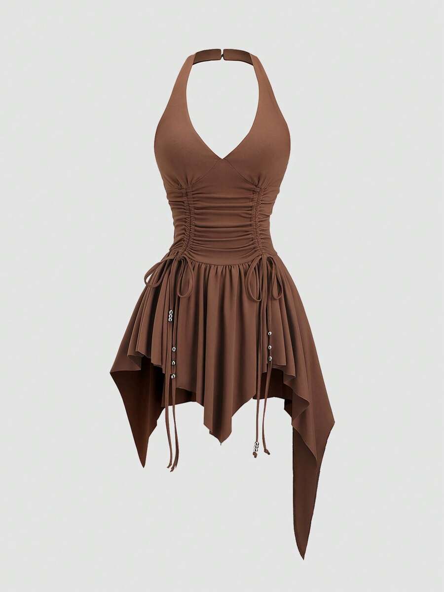 Women's sleeveless halter short dress with a backless design, ruched drawstring detail, slim fit, and asymmetrical hem.