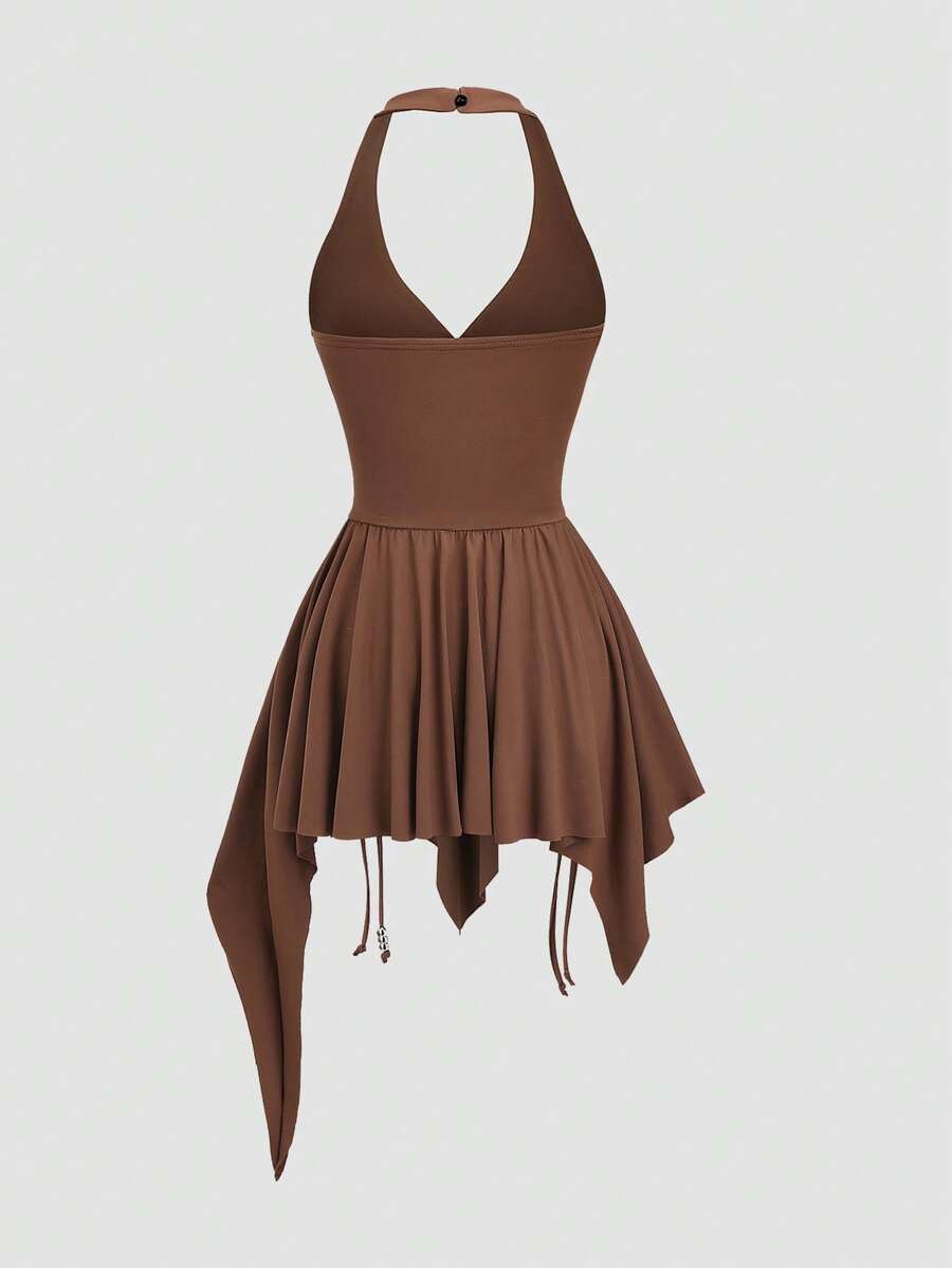 Women's sleeveless halter short dress with a backless design, ruched drawstring detail, slim fit, and asymmetrical hem.