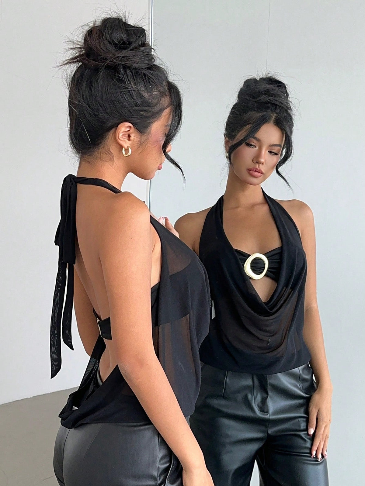 Brown and white polka dot semi-sheer halter camisole top with a plunging neckline, backless design, draped front, and metallic studded embellishments.