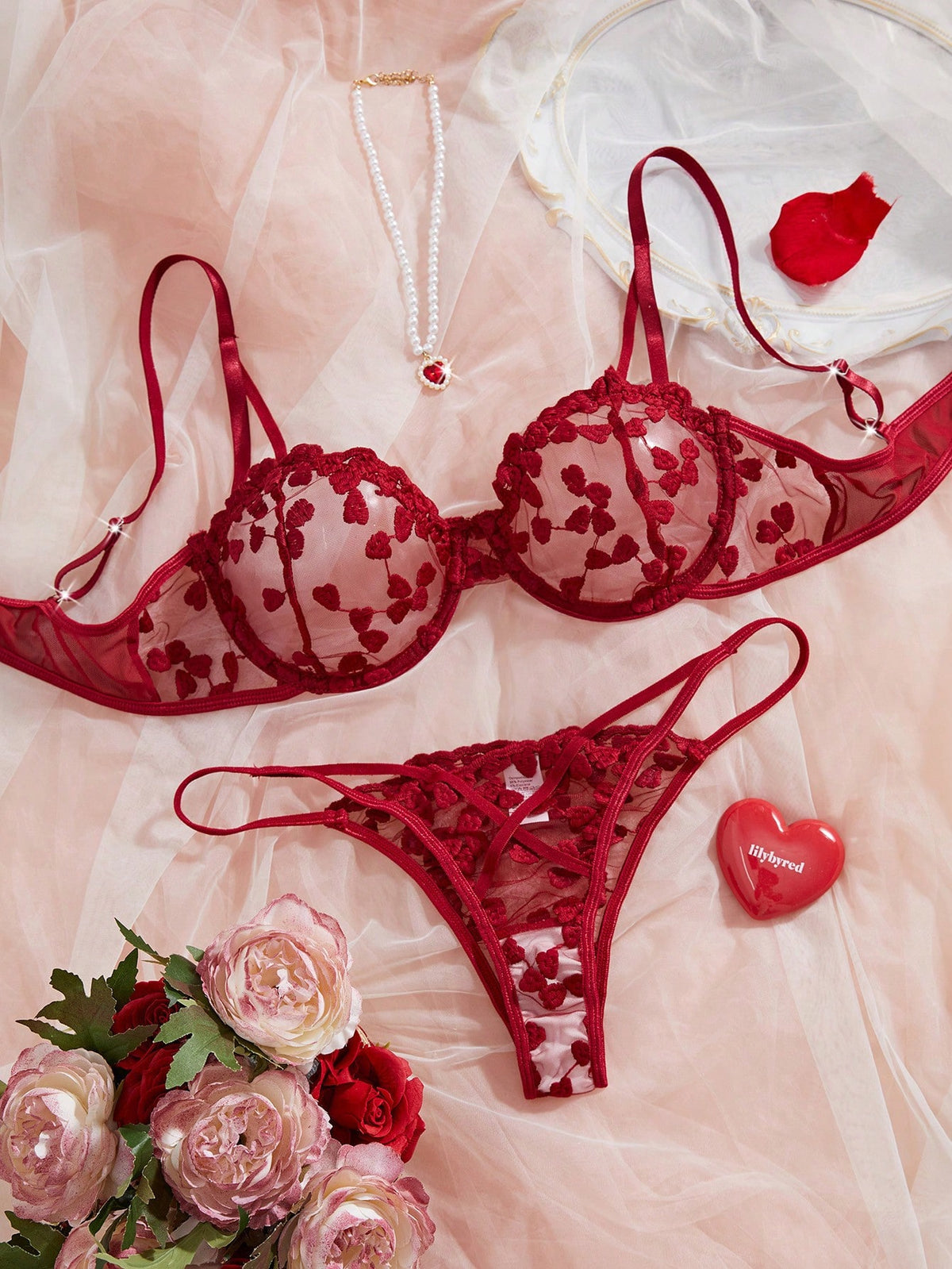 Burgundy heart mesh sheer lingerie set featuring an underwire demi bra and matching cut out thong.