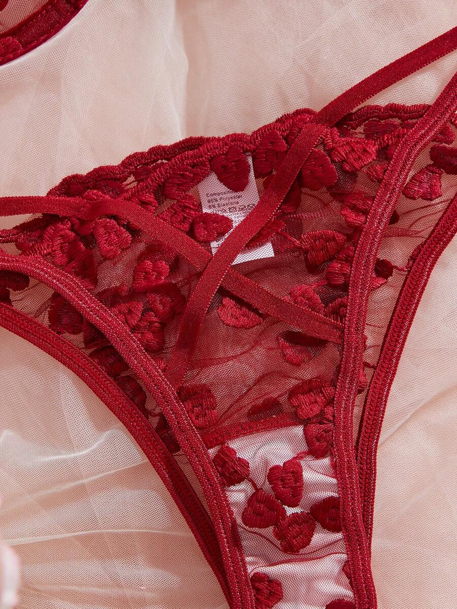 Burgundy heart mesh sheer lingerie set featuring an underwire demi bra and matching cut out thong.