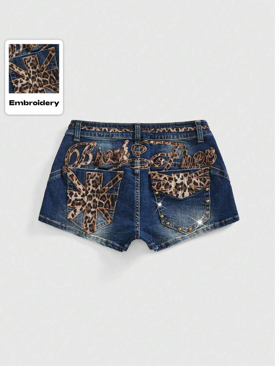 Women's super low waist shorts with leopard print embroidery, button and zipper closure, and raw hem detailing.