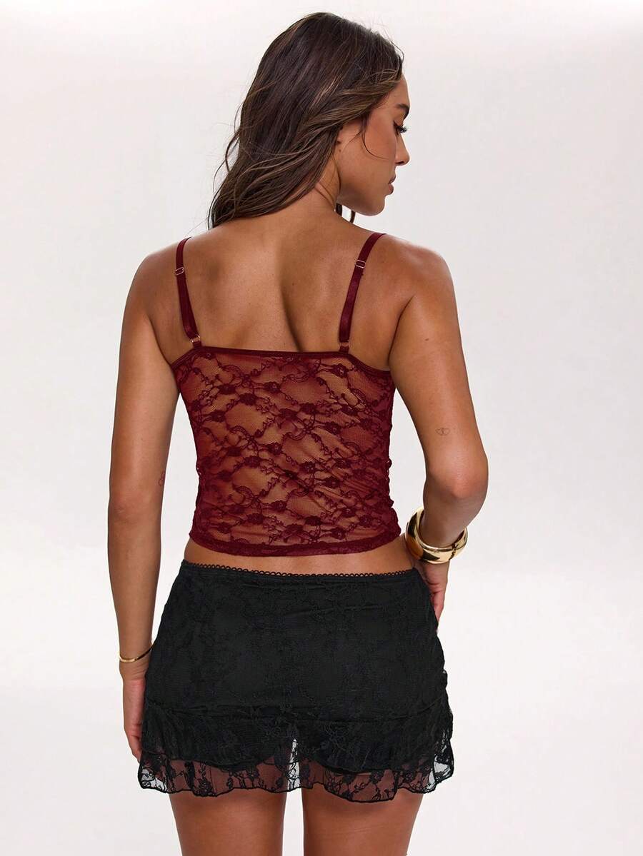 Women's lace strap ruched crop camisole top with spaghetti straps, slim fit, lined body, and semi-sheer plain design