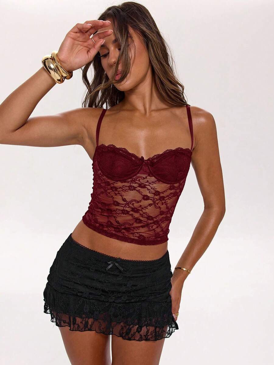 Women's lace strap ruched crop camisole top with spaghetti straps, slim fit, lined body, and semi-sheer plain design