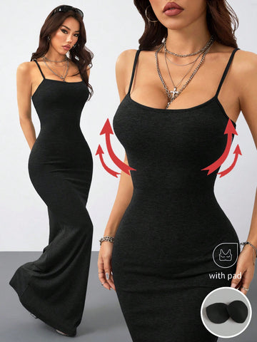 Women's slim fit sleeveless spaghetti strap maxi dress in brown ribbed stretch knit fabric.