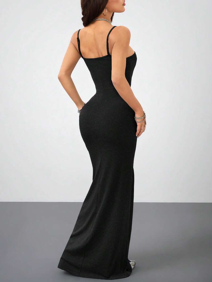 Women's slim fit sleeveless spaghetti strap maxi dress in brown ribbed stretch knit fabric.