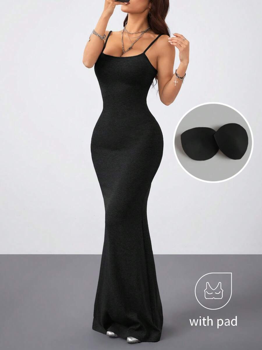 Women's slim fit sleeveless spaghetti strap maxi dress in brown ribbed stretch knit fabric.