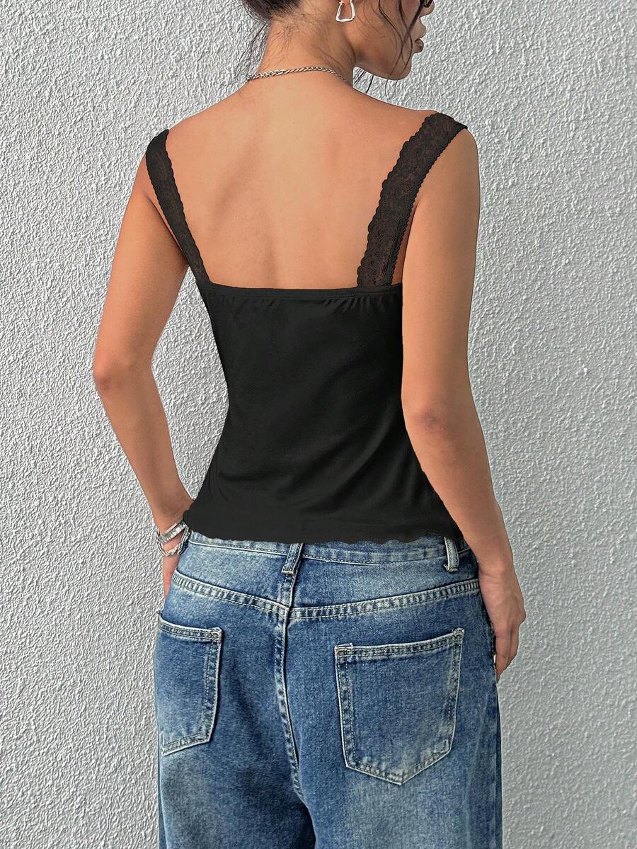 Women's slim fit casual camisole featuring wide shoulder straps, contrast lace trim, a front knot, and ruched details.