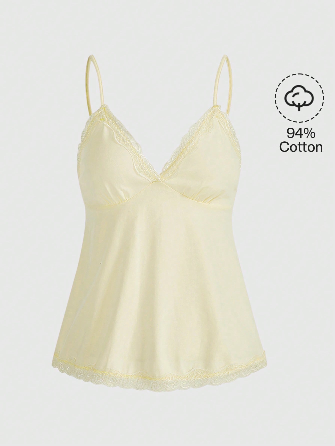 Women's spaghetti strap camisole with contrast lace patchwork, slim fit silhouette, plain design, and flared hem.