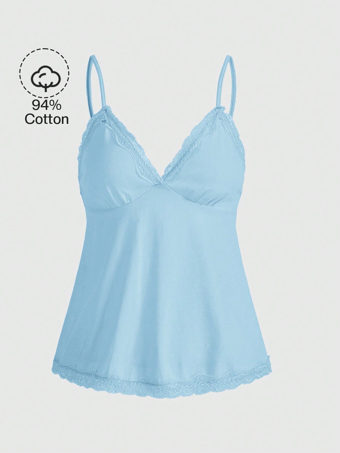 Women's spaghetti strap camisole with contrast lace patchwork, slim fit silhouette, plain design, and flared hem.