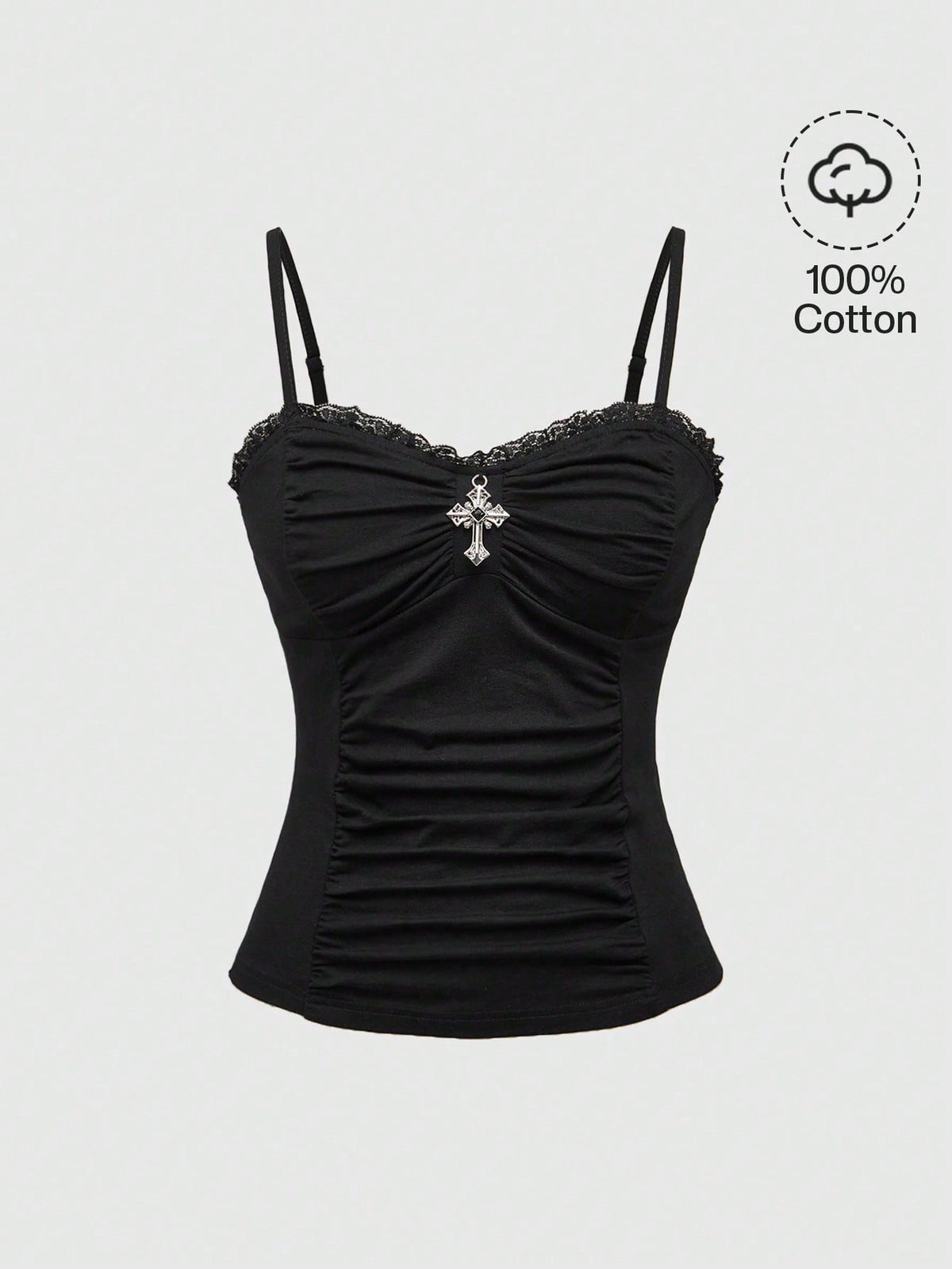 Black gothic spaghetti strap tank top for women featuring contrast lace patchwork, ruched frill details, and a cross pendant accent in a slim fit knitted fabric.