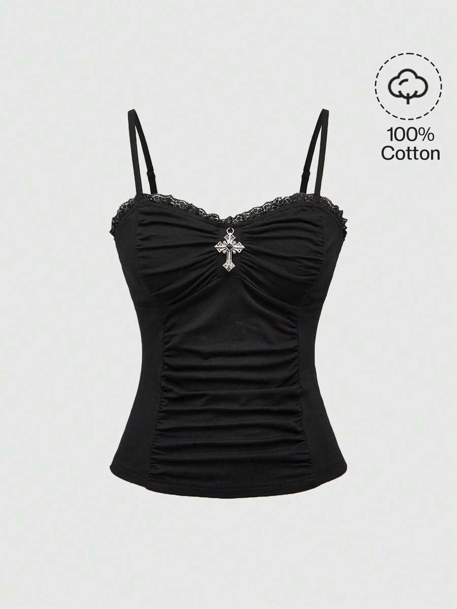 Black gothic spaghetti strap tank top for women featuring contrast lace patchwork, ruched frill details, and a cross pendant accent in a slim fit knitted fabric.