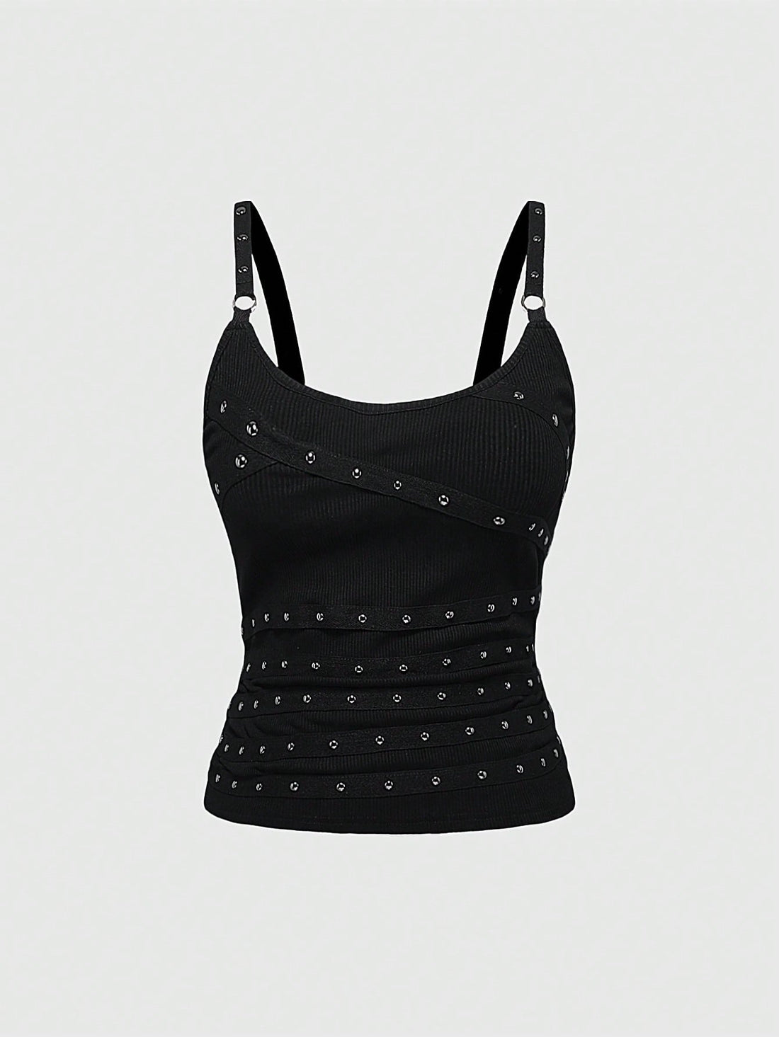 Women's wide-strap cami top featuring a grunge punk design with cut-out details, rhinestone embellishments, and grommet eyelets.