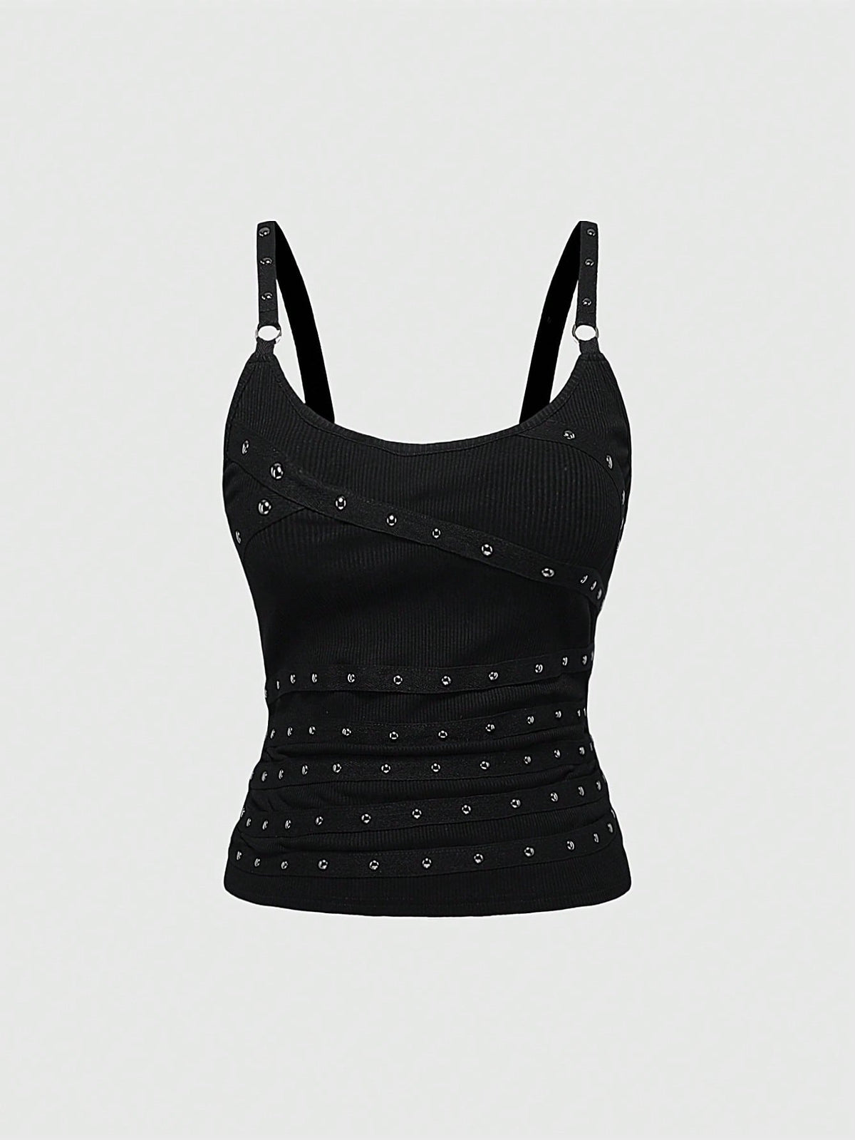 Women's wide-strap cami top featuring a grunge punk design with cut-out details, rhinestone embellishments, and grommet eyelets.