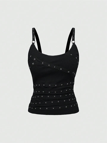 Women's wide-strap cami top featuring a grunge punk design with cut-out details, rhinestone embellishments, and grommet eyelets.