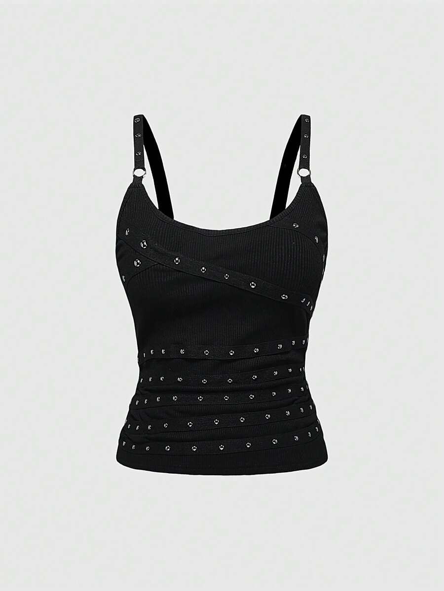Women's wide-strap cami top featuring a grunge punk design with cut-out details, rhinestone embellishments, and grommet eyelets.