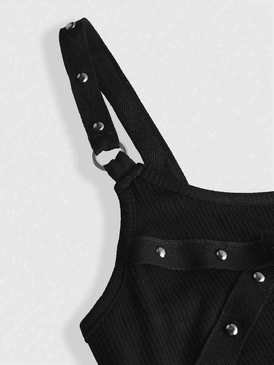 Women's wide-strap cami top featuring a grunge punk design with cut-out details, rhinestone embellishments, and grommet eyelets.