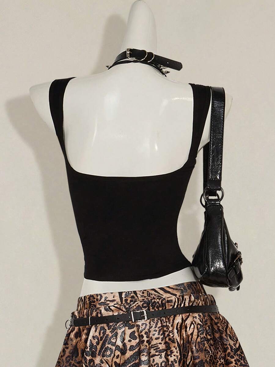 Black sleeveless crop cami top with wide straps, contrast lace trim, rib-knit texture, slim fit, and regular hem