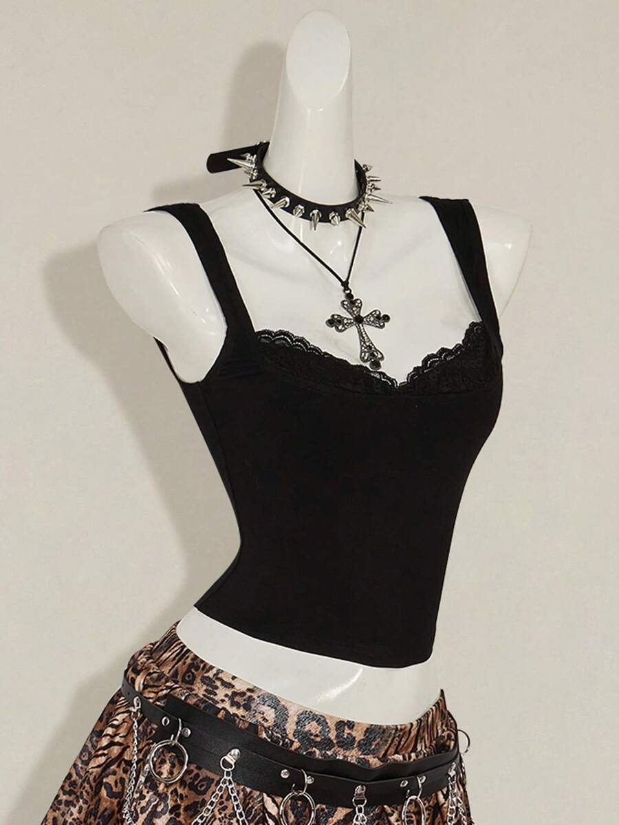 Black sleeveless crop cami top with wide straps, contrast lace trim, rib-knit texture, slim fit, and regular hem